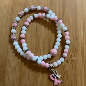 Hand Crafted Breast Cancer Awareness Bracelet Set Beaded Stretch 7.5 inches